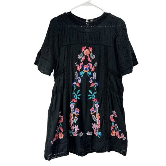 Free People Size XS Boho Mini Dress Perfectly Victorian Embroidered Black - Picture 2 of 6